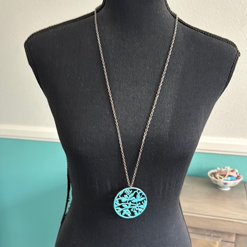 Vintage Boho Turquoise & Silver Bird Tree of Life Pendant Necklace Long Chain